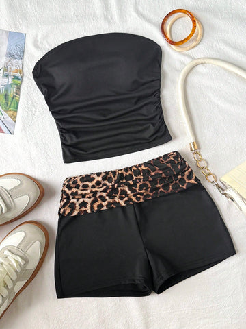 Tween girls black strapless tank top and shorts set with leopard print contrast waistband