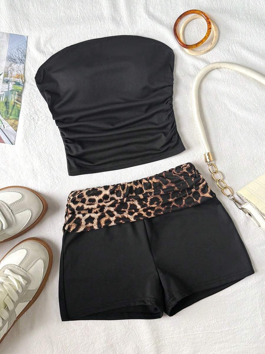 Tween girls black strapless tank top and shorts set with leopard print contrast waistband