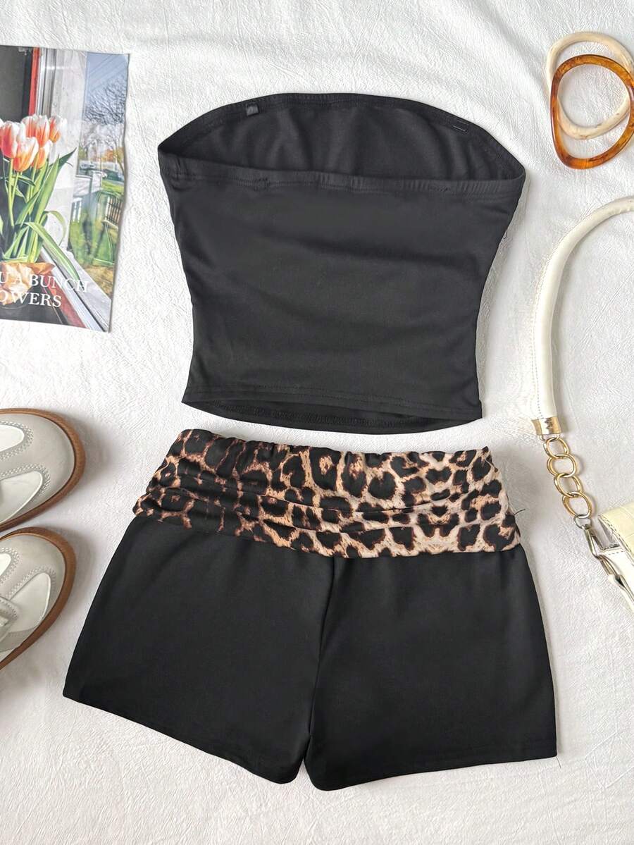 Tween girls black strapless tank top and shorts set with leopard print contrast waistband