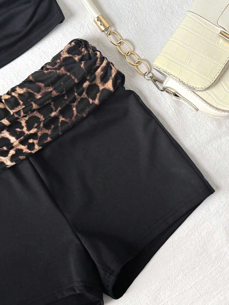 Tween girls black strapless tank top and shorts set with leopard print contrast waistband