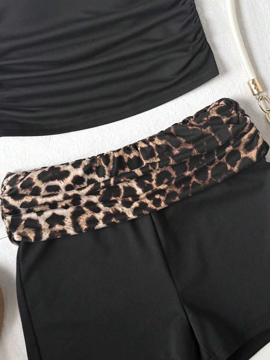 Tween girls black strapless tank top and shorts set with leopard print contrast waistband