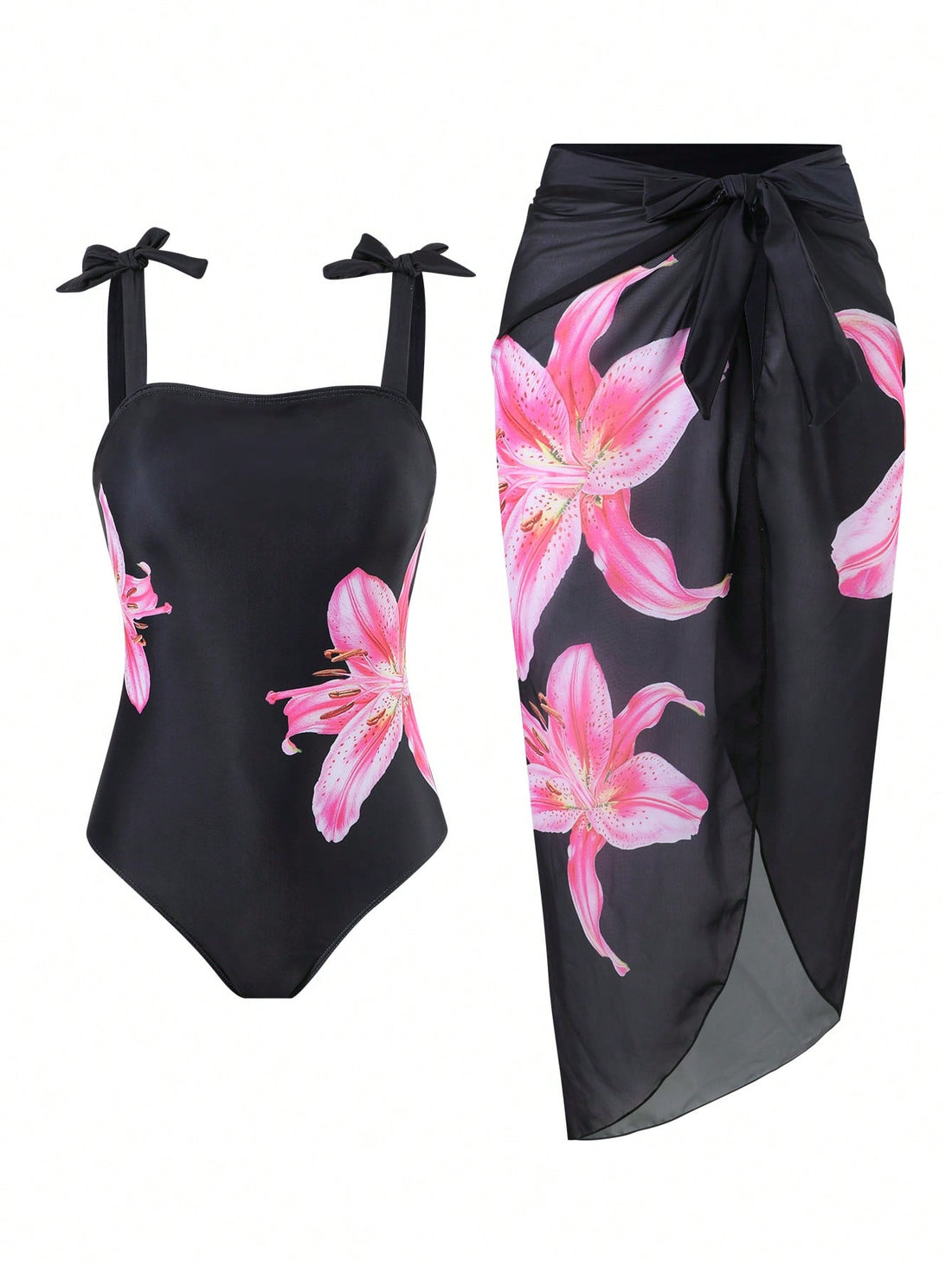 Tween girl black floral one-piece swimsuit set with spaghetti straps, asymmetrical detail, bow decor, and mid-waist bottom for beach, pool, and summer vacation wear.