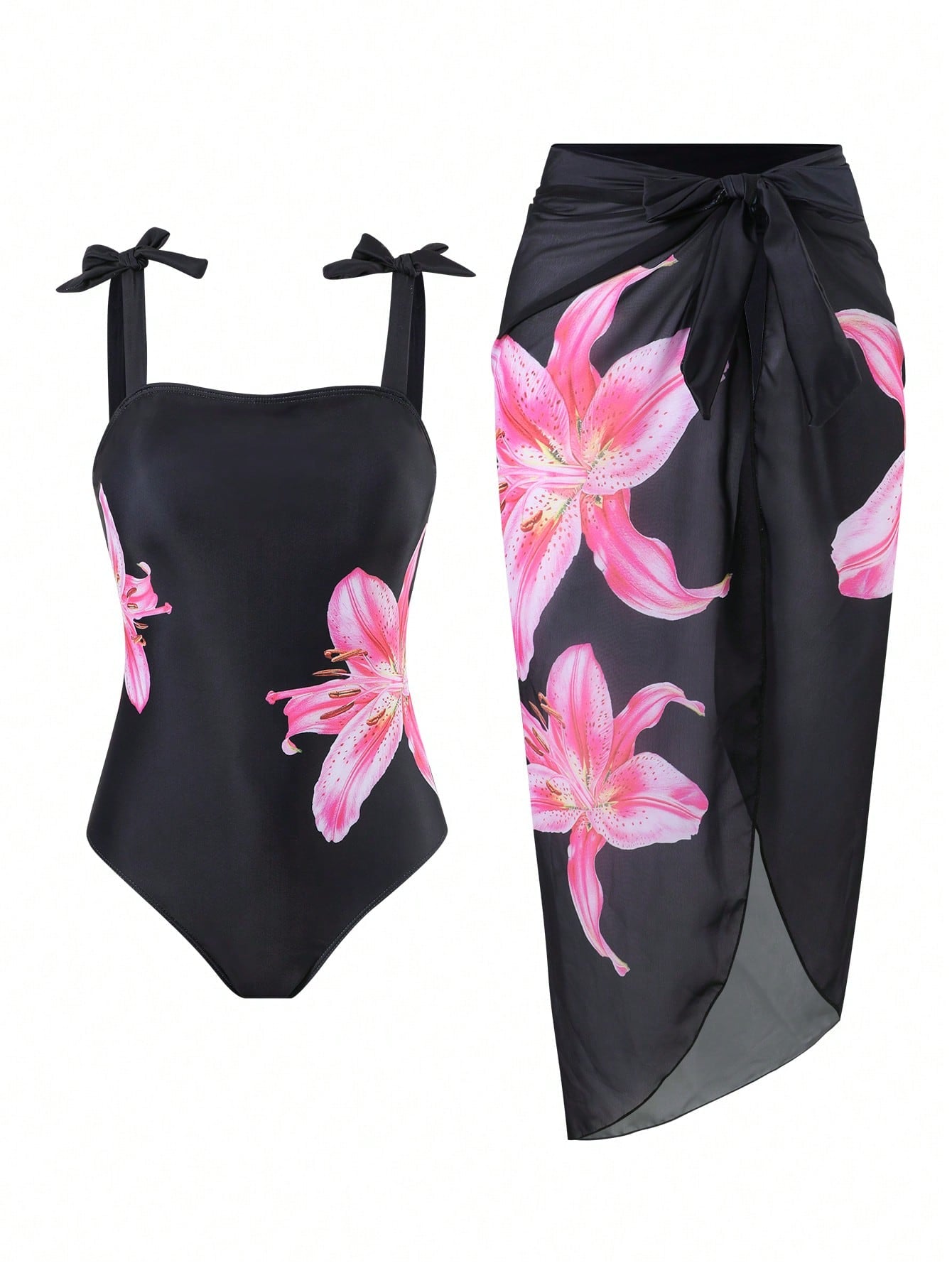Tween girl black floral one-piece swimsuit set with spaghetti straps, asymmetrical detail, bow decor, and mid-waist bottom for beach, pool, and summer vacation wear.