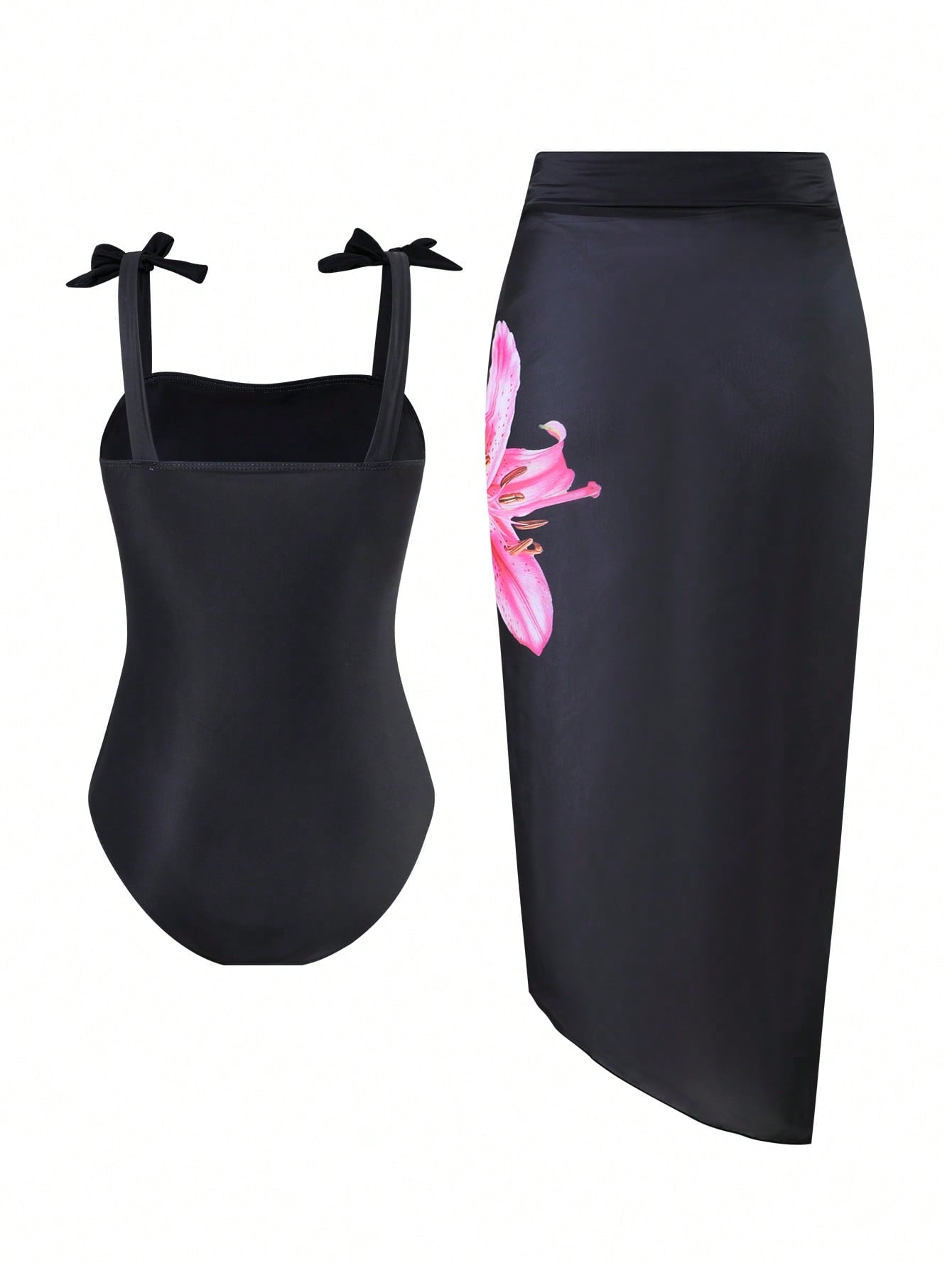 Tween girl black floral one-piece swimsuit set with spaghetti straps, asymmetrical detail, bow decor, and mid-waist bottom for beach, pool, and summer vacation wear.
