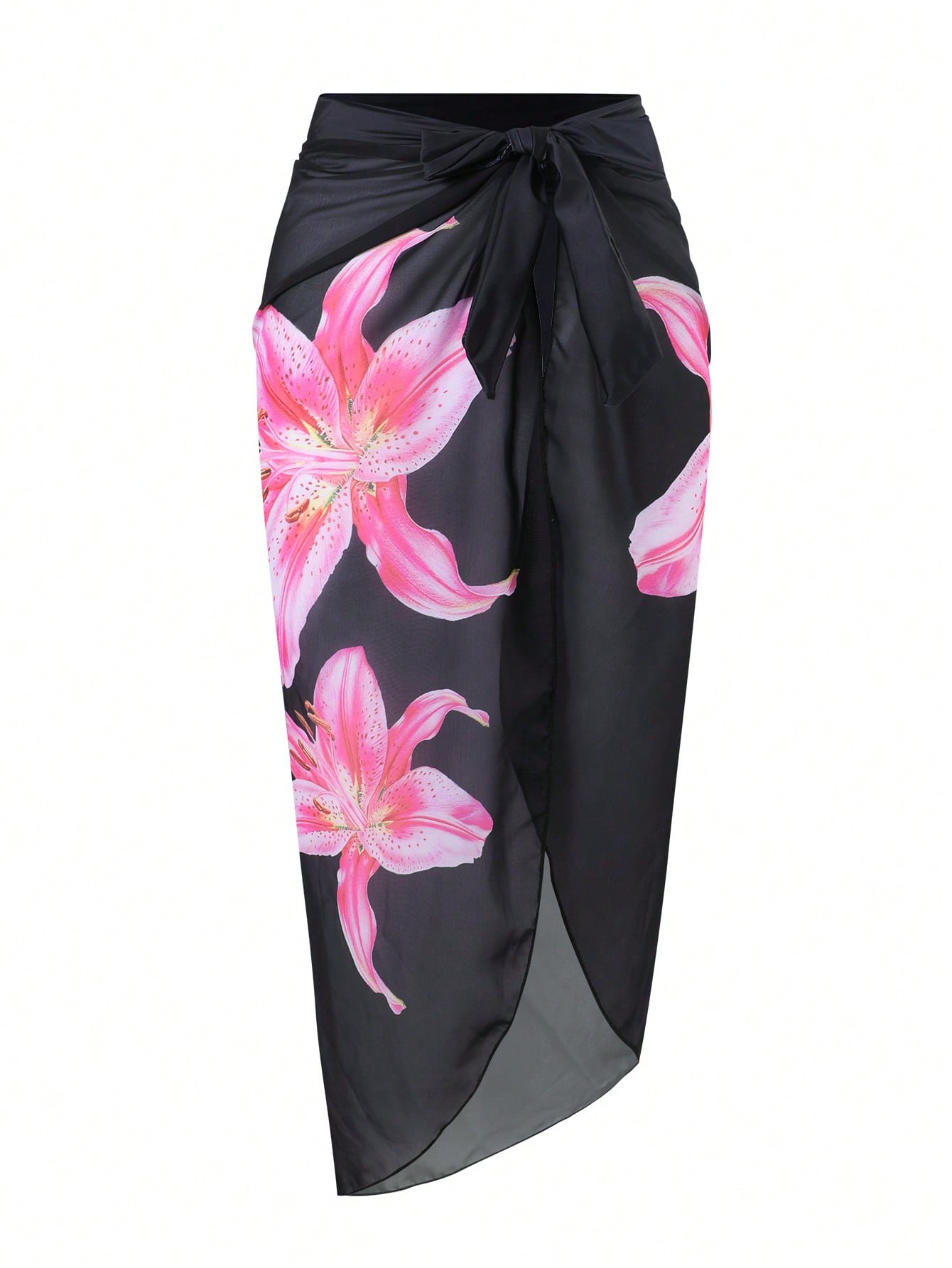 Tween girl black floral one-piece swimsuit set with spaghetti straps, asymmetrical detail, bow decor, and mid-waist bottom for beach, pool, and summer vacation wear.