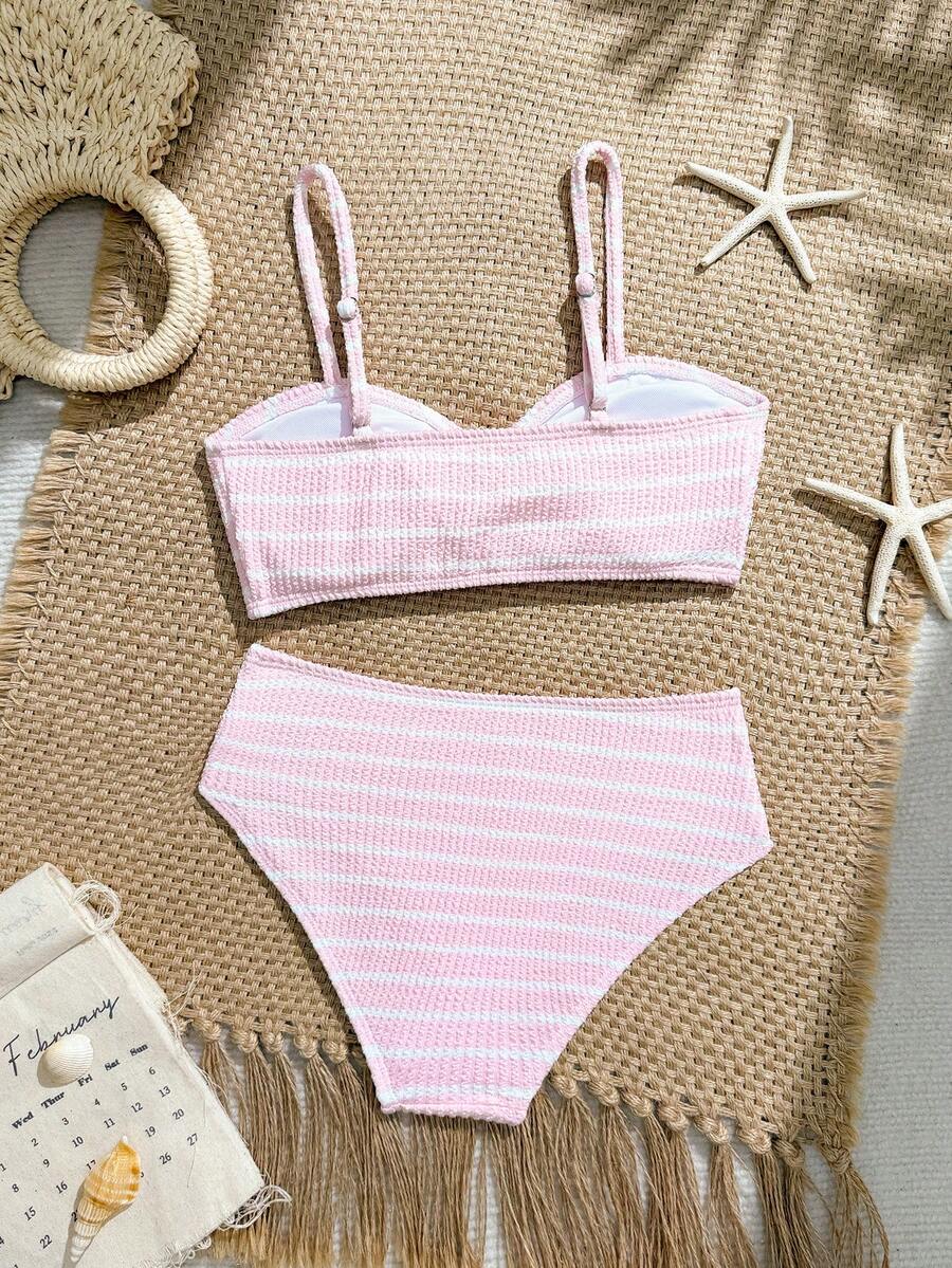 Tween girls pink and white striped two-piece bikini set with spaghetti strap bandeau top, starfish decor, and high waist swim bottoms for beach and vacation wear