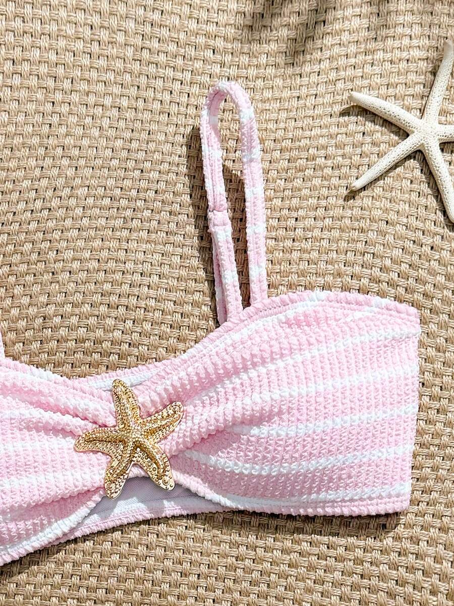 Tween girls pink and white striped two-piece bikini set with spaghetti strap bandeau top, starfish decor, and high waist swim bottoms for beach and vacation wear