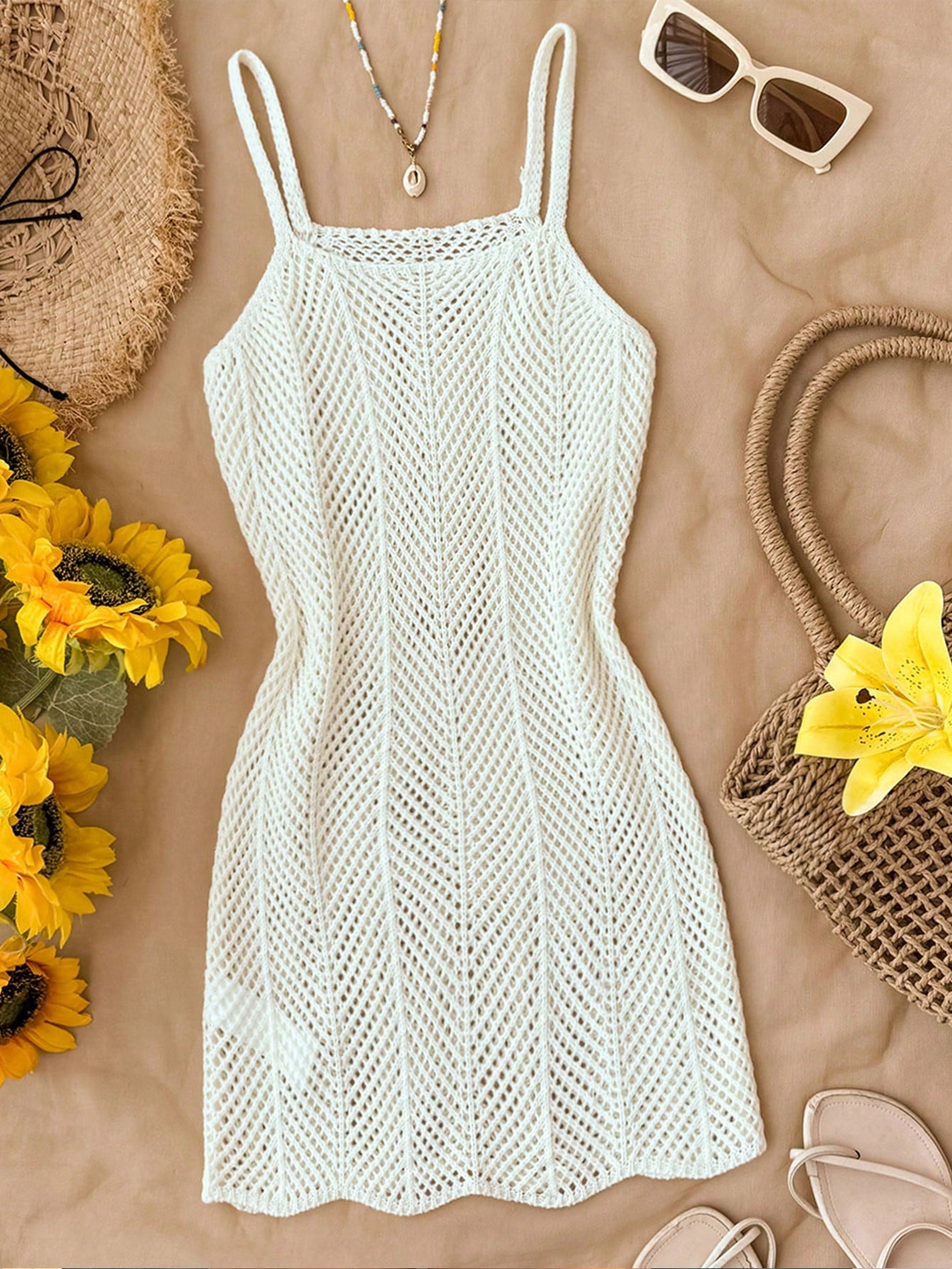 Girls' Summer Crochet Mesh Cami Dress Cover-Up, White Casual Beach Vacation Tween Girl