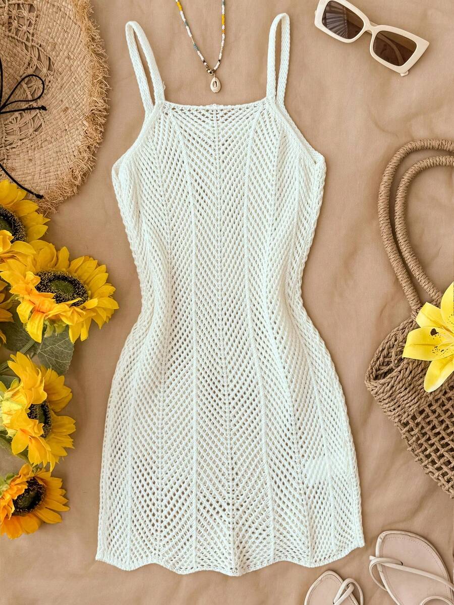 Girls' Summer Crochet Mesh Cami Dress Cover-Up, White Casual Beach Vacation Tween Girl
