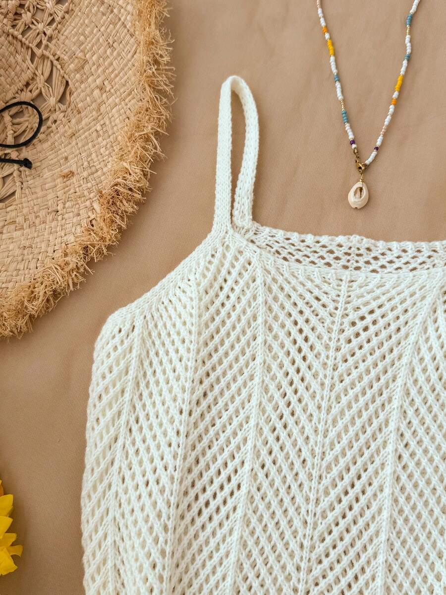 Girls' Summer Crochet Mesh Cami Dress Cover-Up, White Casual Beach Vacation Tween Girl
