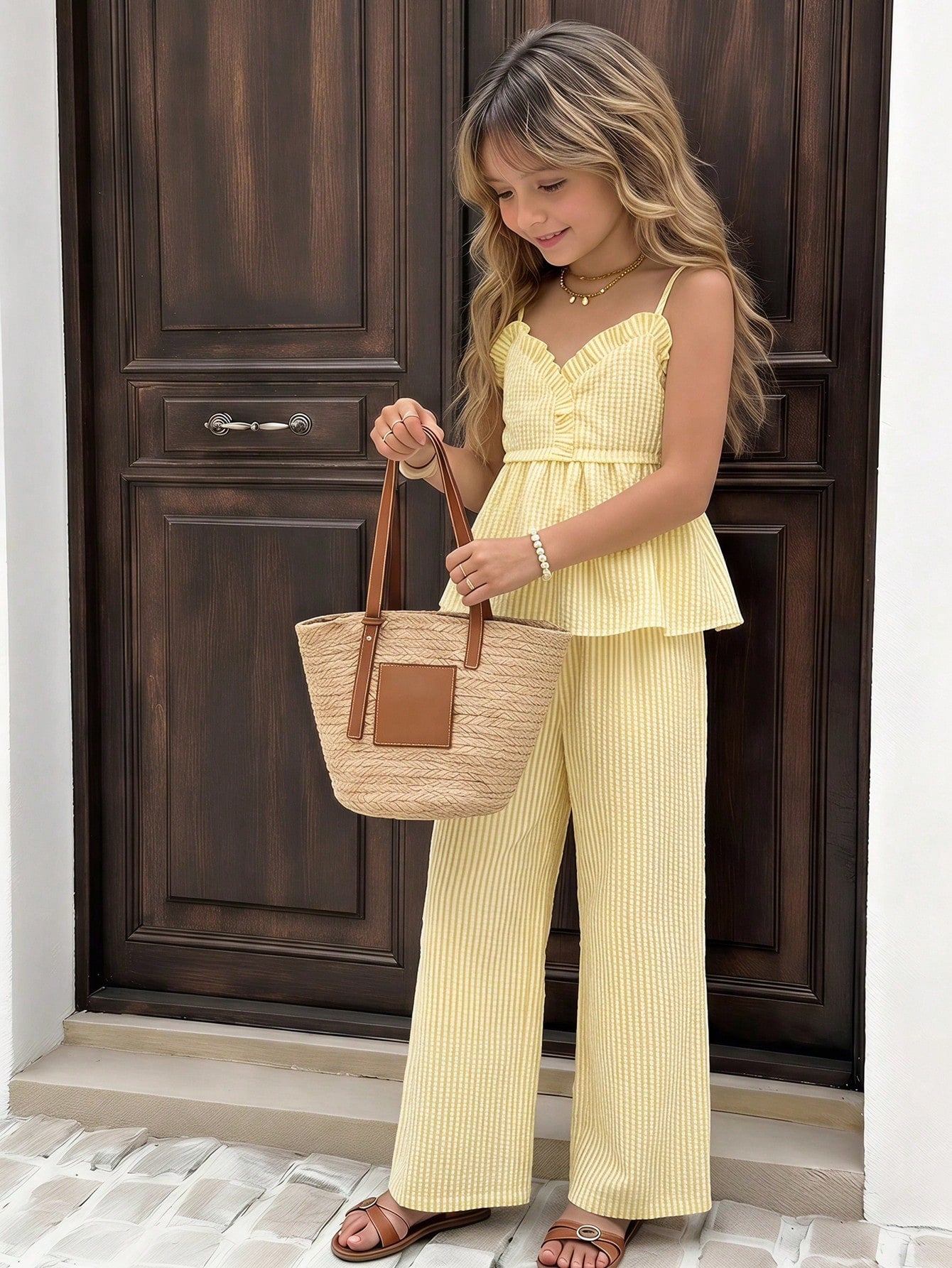 Tween girls 2-piece set featuring a short V-neck ruffle camisole top and matching long pants made of bubble crinkle fabric.