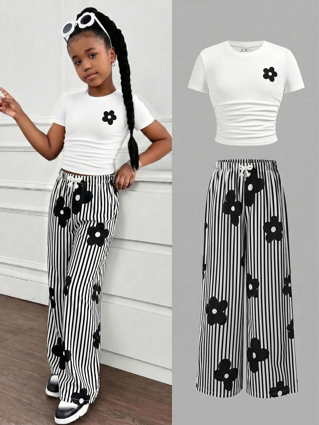 Tween girl 2-piece summer set featuring a white printed short-sleeve T-shirt and black and white striped long pants.