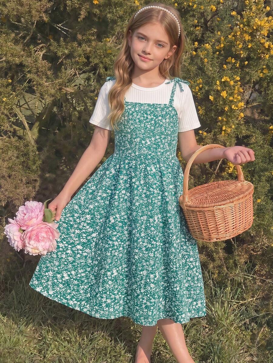 Tween girls' black and white ditsy floral plant print high waist flared camisole dress with a short sleeve t-shirt set.