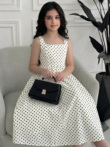 Tween girls apricot polka dot long cami dress with shoulder straps, high waist, and flared A-line skirt.