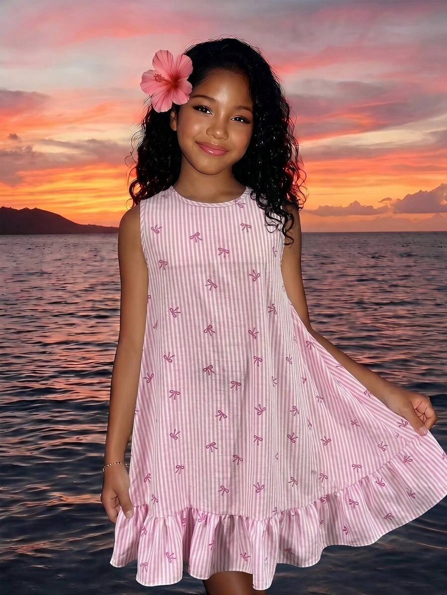 Tween girls casual leopard print smock mini dress featuring a round neck and flounce ruffle hem.