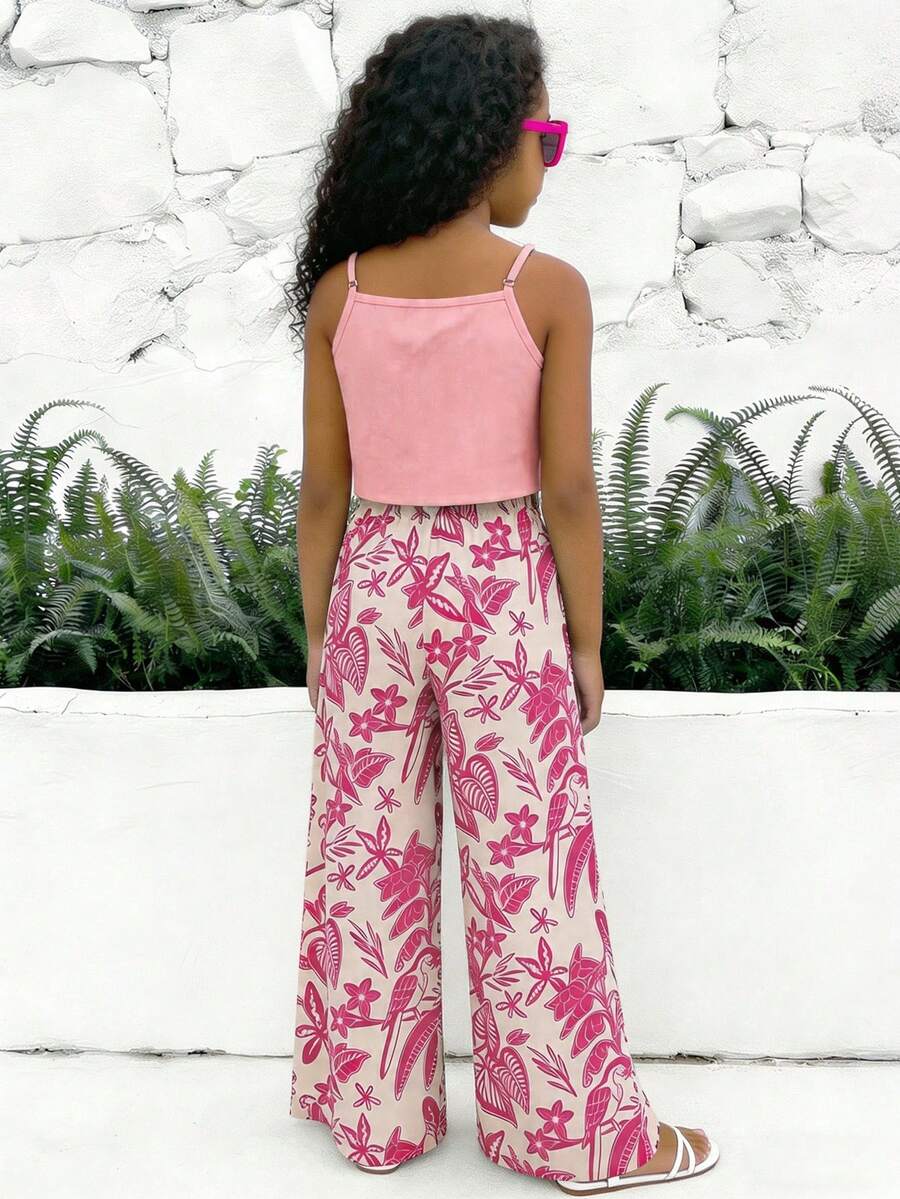 Tween girls blue 2-piece vacation outfit set featuring a tiered ruffle spaghetti strap camisole and loose high-waist pants.