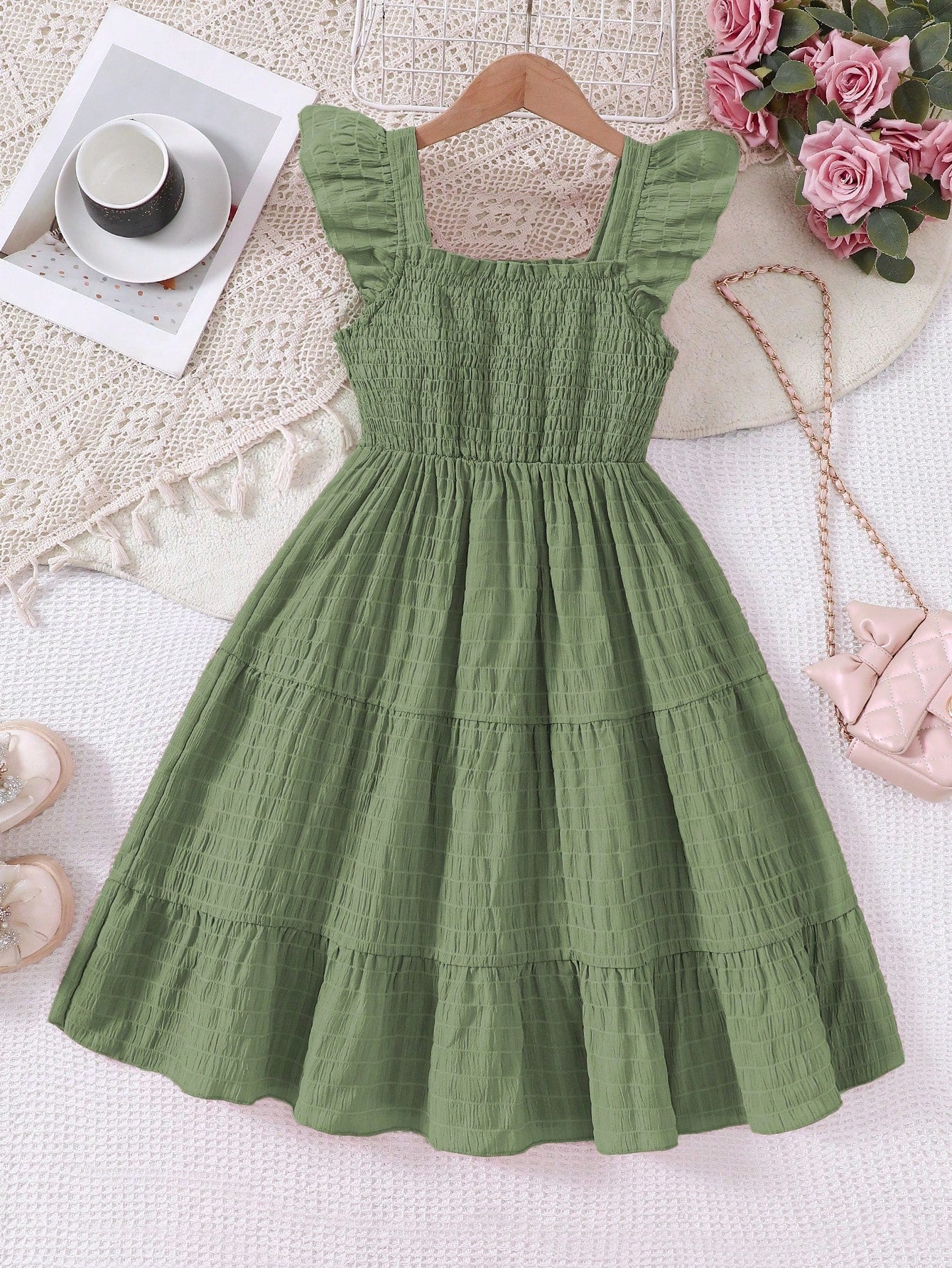 Tween girls casual long dress featuring a square neck, tiered ruffle layers, high waist shirred waist, and flounce hem.