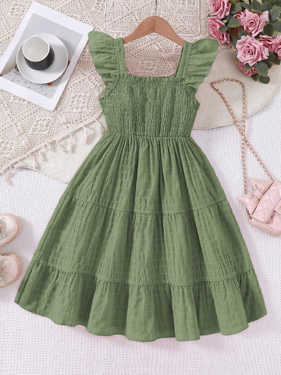 Tween girls casual long dress featuring a square neck, tiered ruffle layers, high waist shirred waist, and flounce hem.