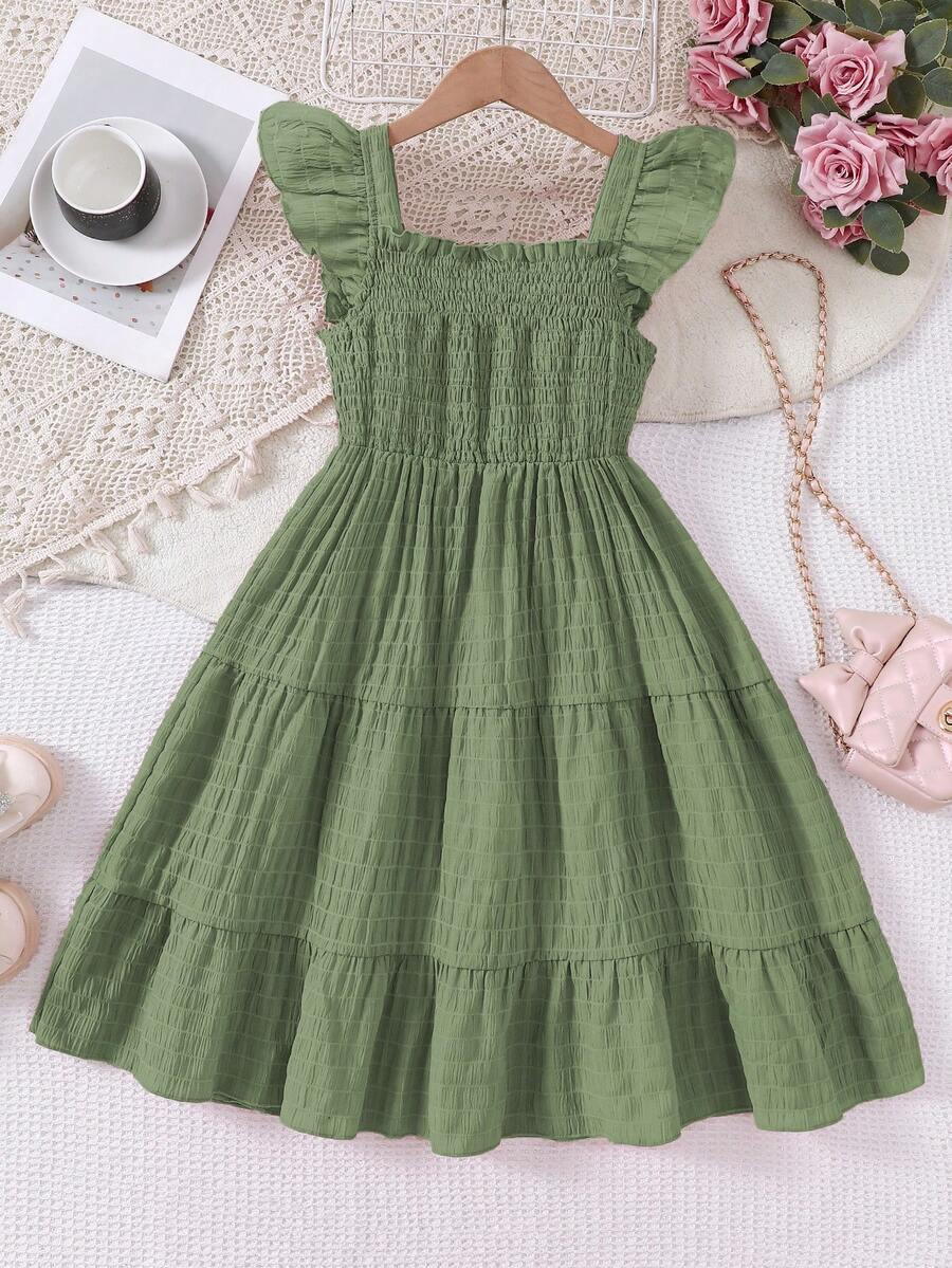 Tween girls casual long dress featuring a square neck, tiered ruffle layers, high waist shirred waist, and flounce hem.