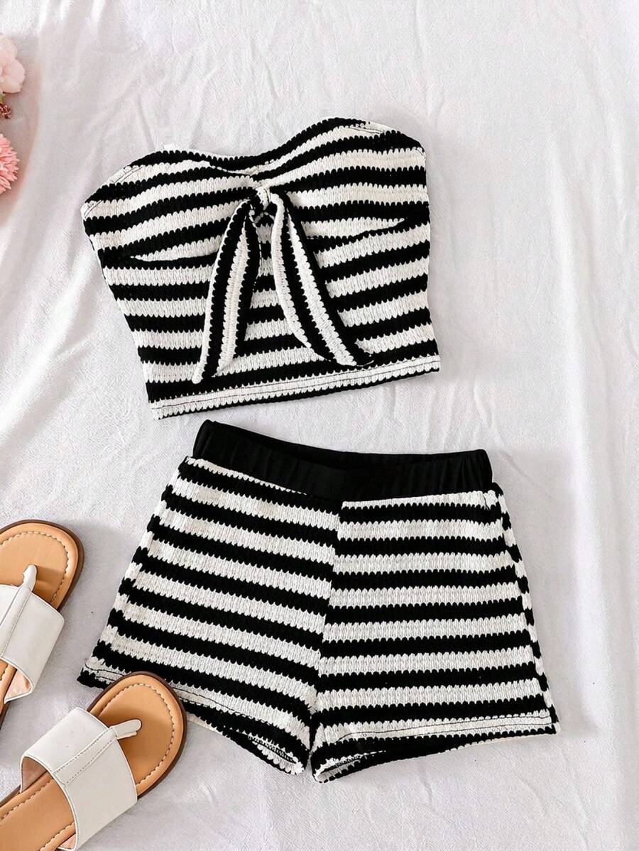 Tween girls black strapless tank top and shorts set with leopard print contrast waistband