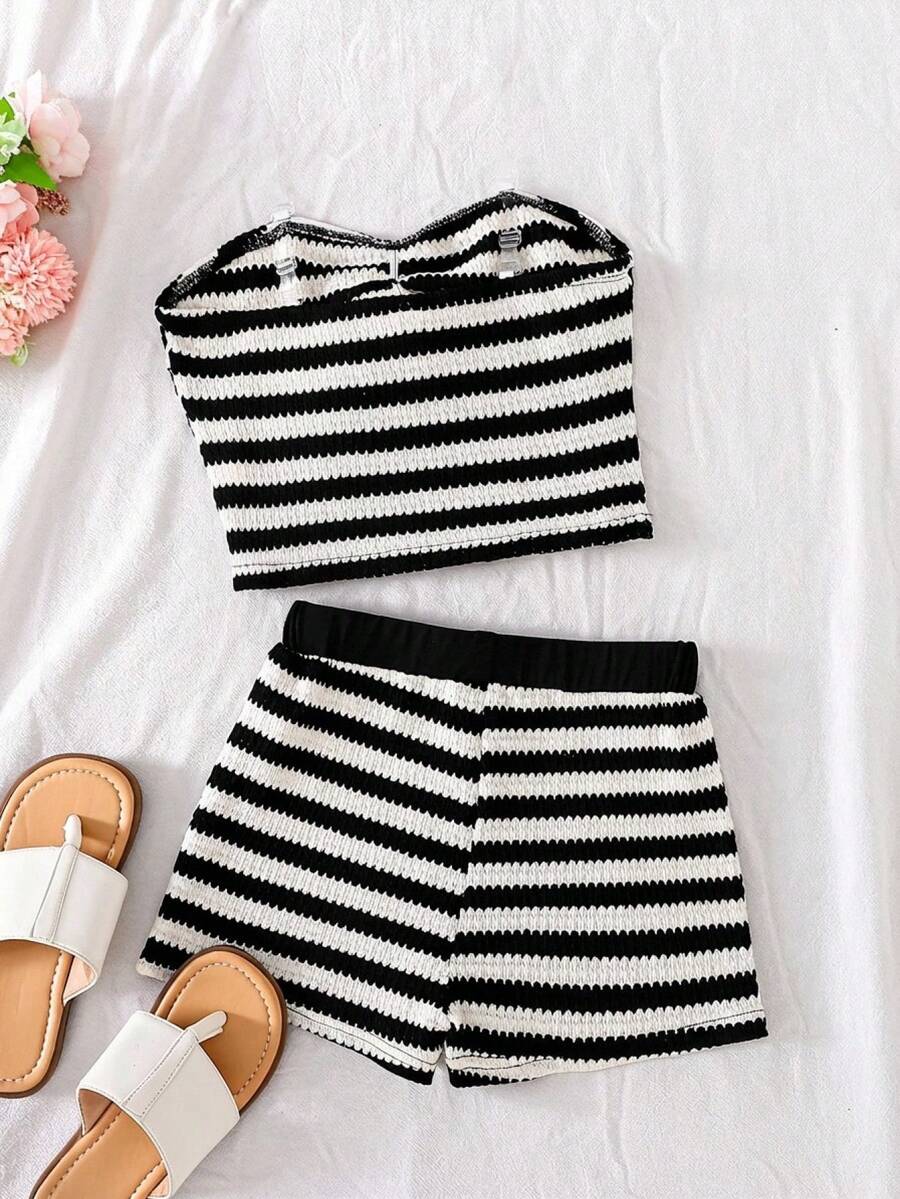 Tween girls black strapless tank top and shorts set with leopard print contrast waistband