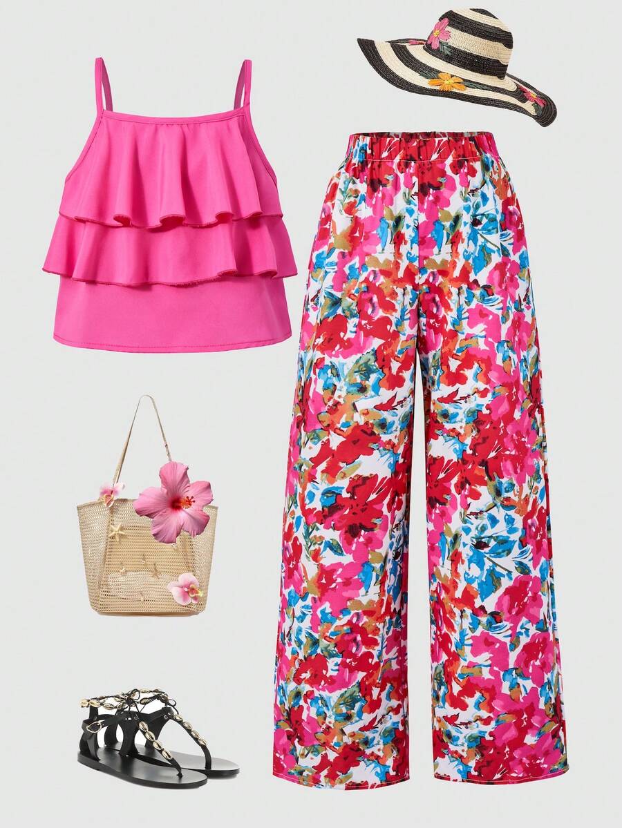 Tween girls blue 2-piece vacation outfit set featuring a tiered ruffle spaghetti strap camisole and loose high-waist pants.