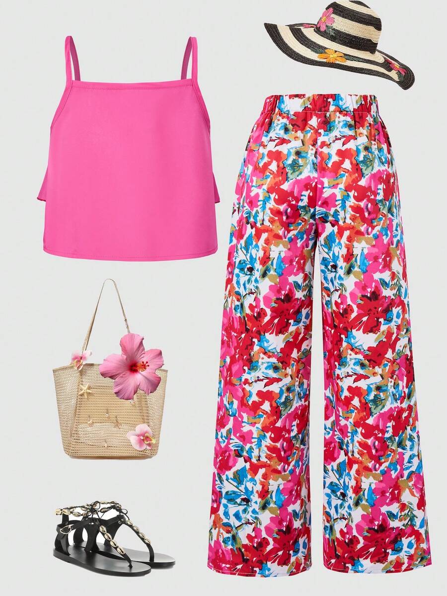 Tween girls blue 2-piece vacation outfit set featuring a tiered ruffle spaghetti strap camisole and loose high-waist pants.