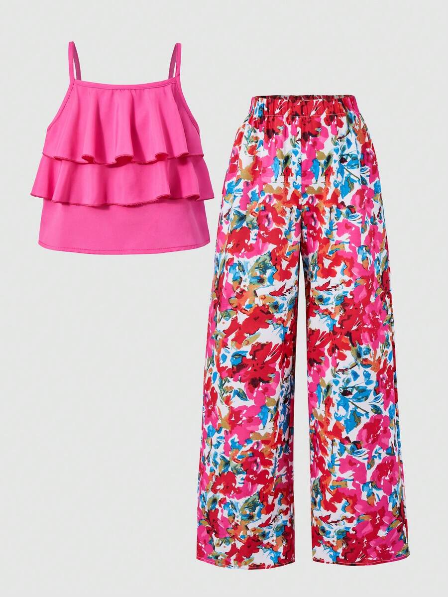 Tween girls blue 2-piece vacation outfit set featuring a tiered ruffle spaghetti strap camisole and loose high-waist pants.