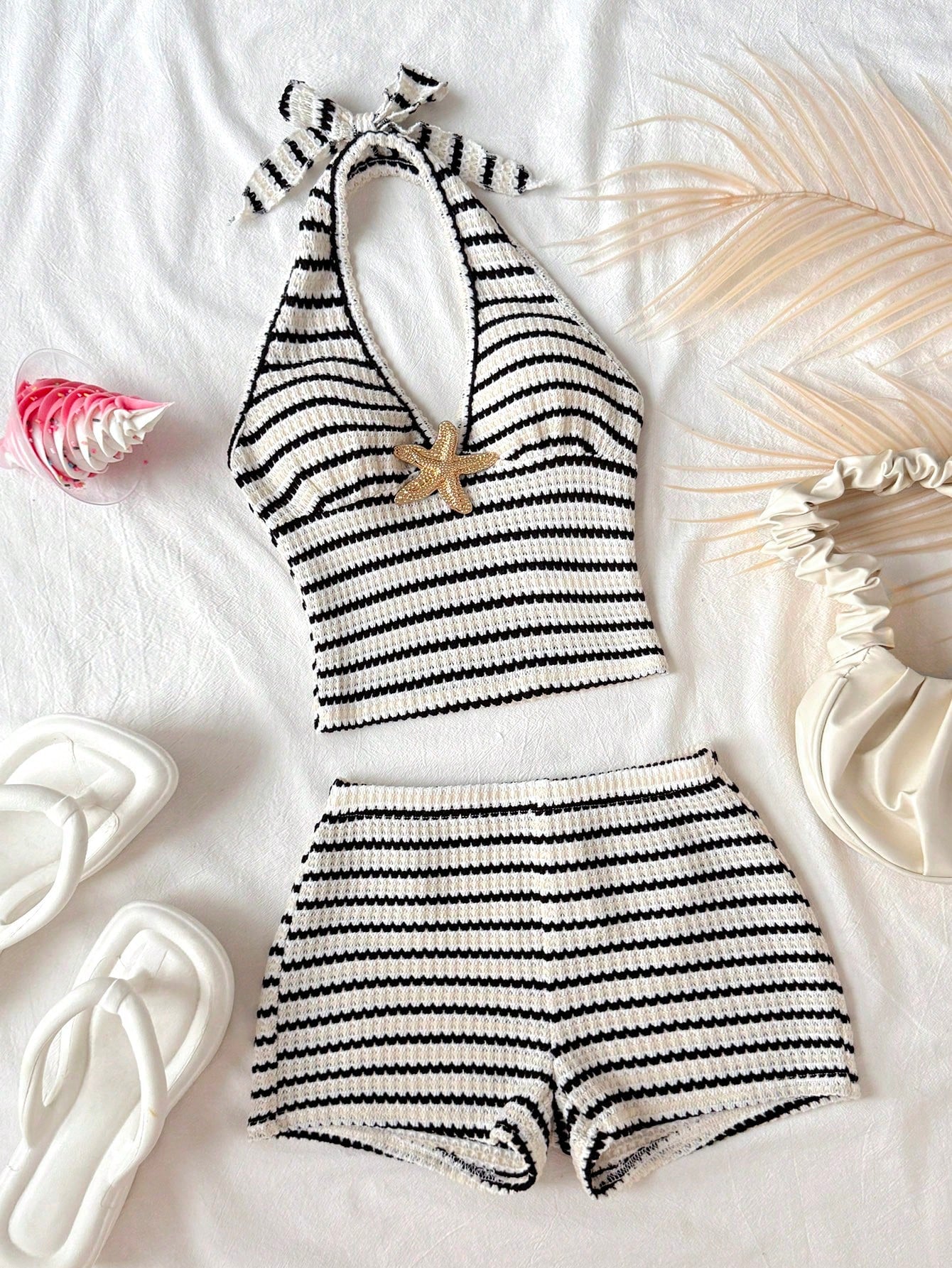 Tween girls apricot striped knit camisole halter top with bowknot and metal starfish decor paired with shorts outfit set.