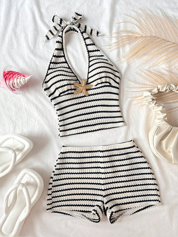 Tween girls apricot striped knit camisole halter top with bowknot and metal starfish decor paired with shorts outfit set.