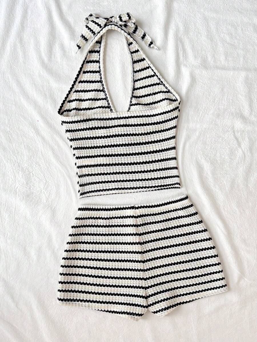Tween girls apricot striped knit camisole halter top with bowknot and metal starfish decor paired with shorts outfit set.
