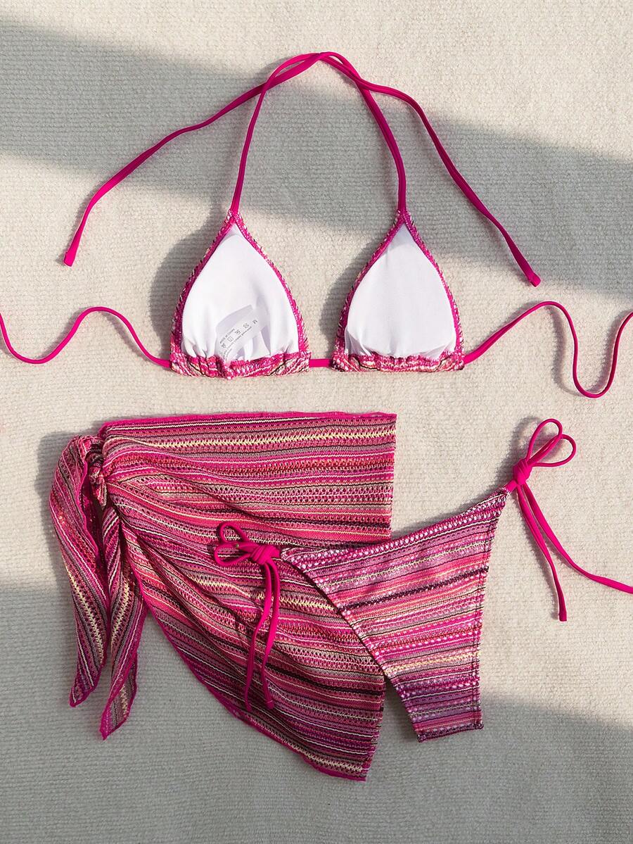 Multicolor striped 3-piece bikini set for women featuring a halter backless top, high-waist bottoms, and a matching tie-side skirt.