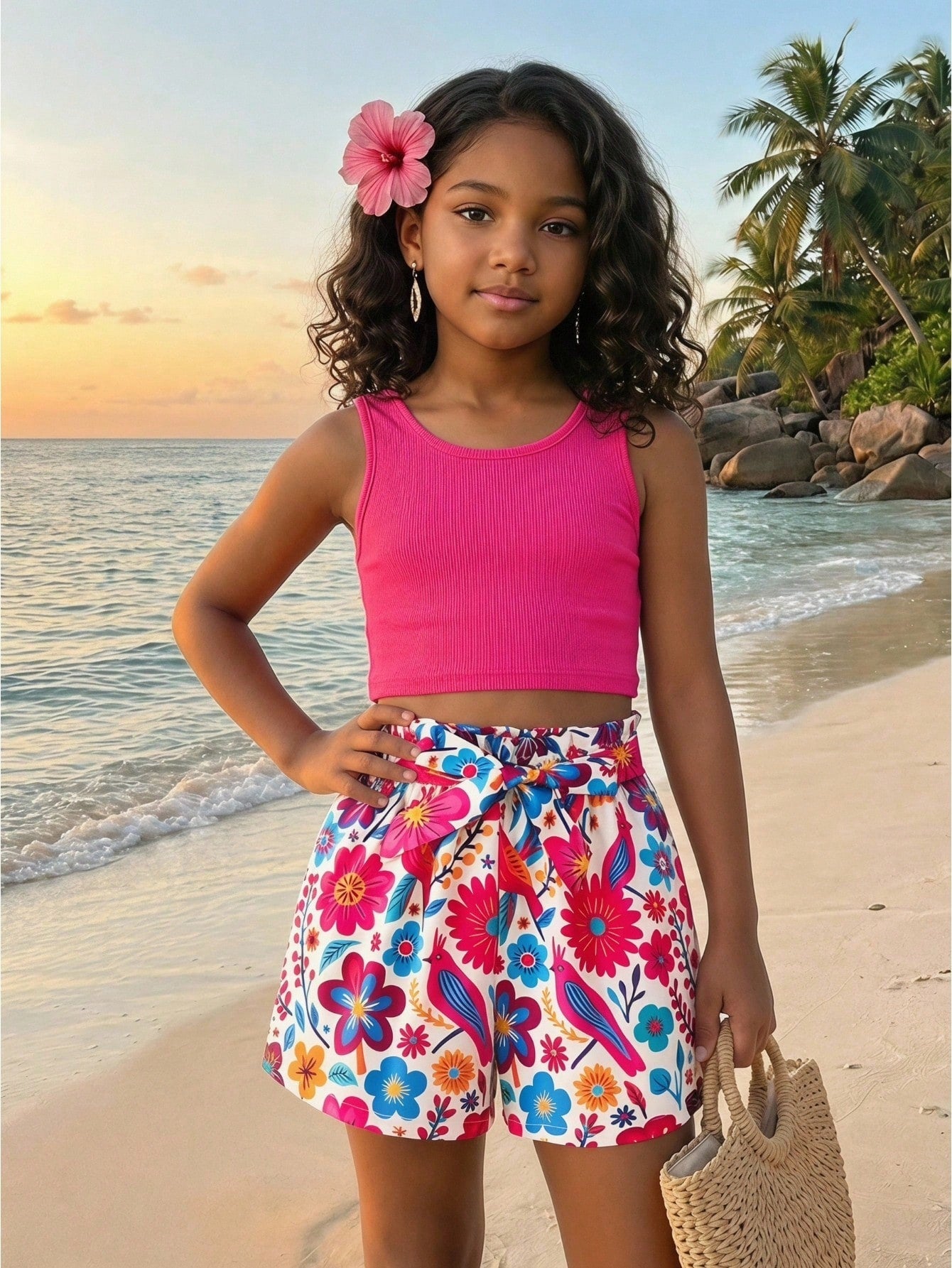 Tween girl wearing a casual 2-piece set featuring a black rib-knit scoop neck tank top and leopard print paperbag waist shorts with a matching belt.