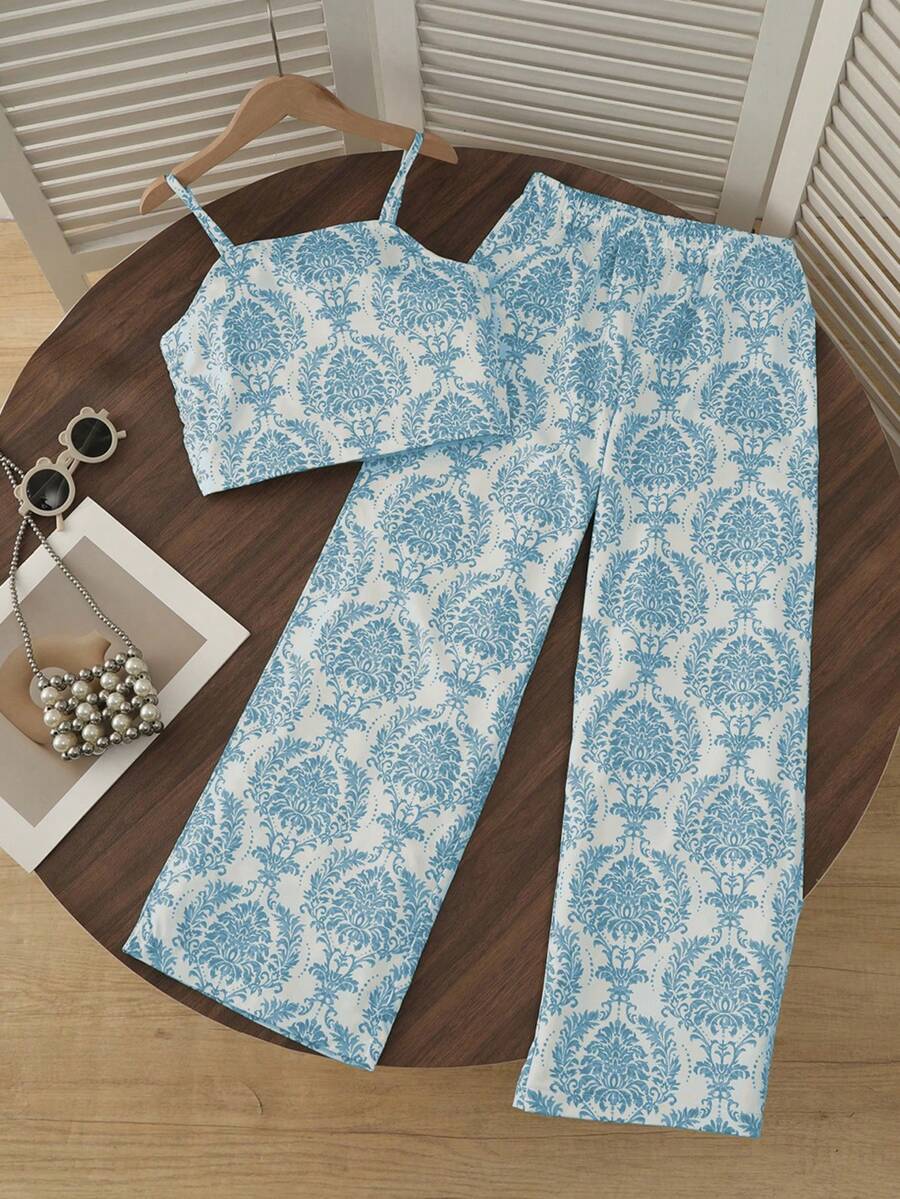 Tween girls casual 2-piece set featuring an apricot woven camisole crop top with back shirring and matching high-waisted loose long pants.