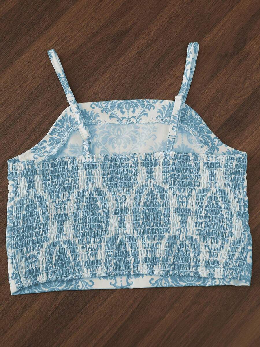 Tween girls casual 2-piece set featuring an apricot woven camisole crop top with back shirring and matching high-waisted loose long pants.