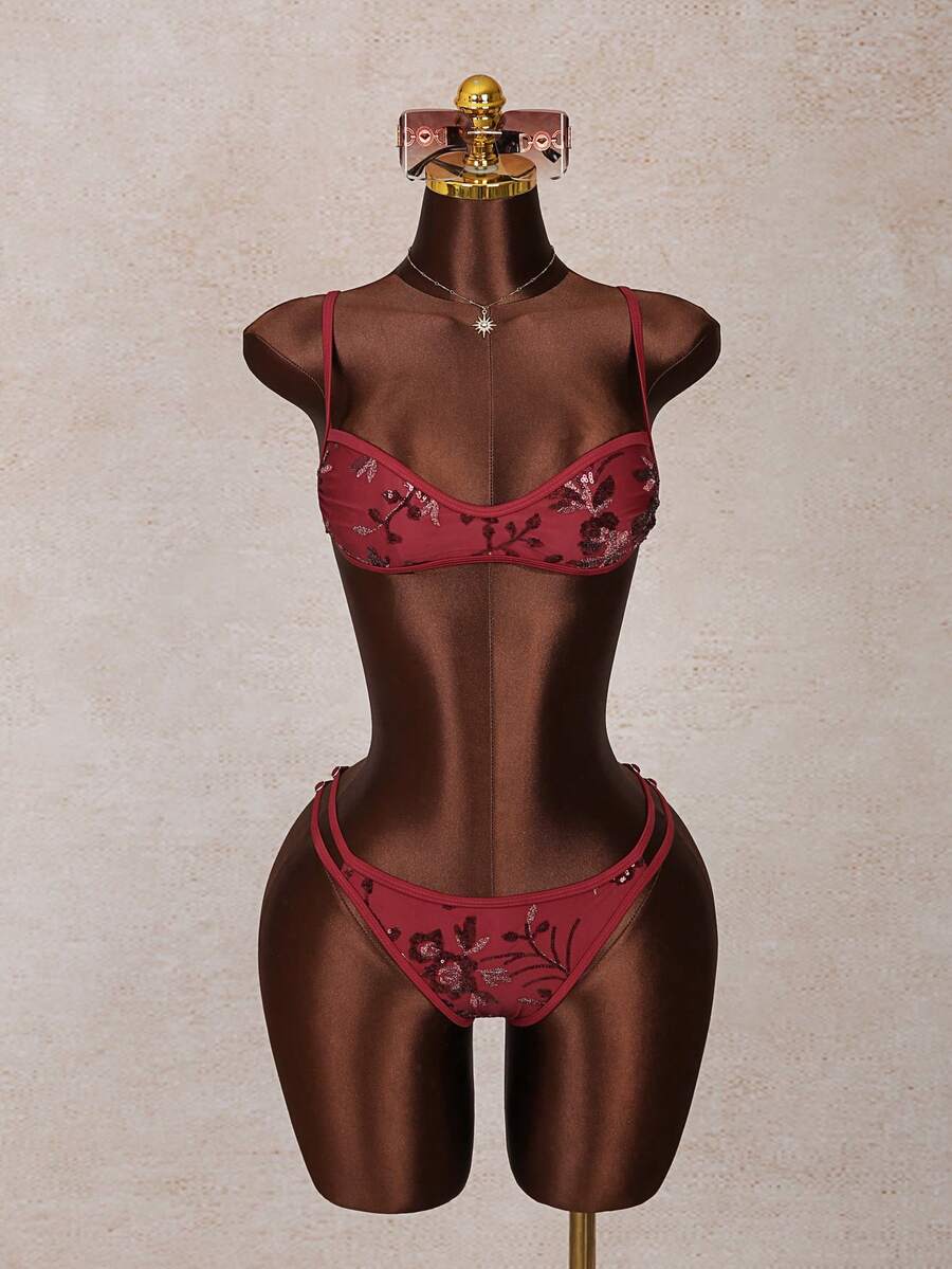 Women's 2-piece micro cup bikini set featuring contrast mesh details, wireless spaghetti strap bra top, and high cut ultra low waist bottoms.
