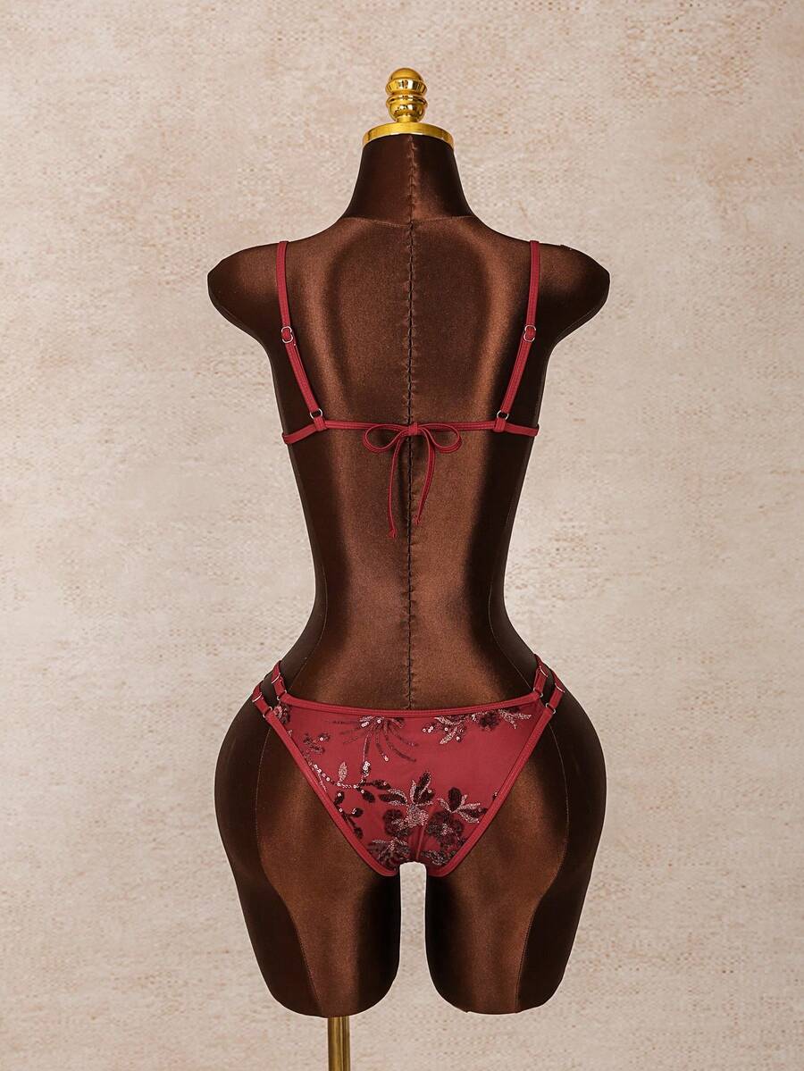 Women's 2-piece micro cup bikini set featuring contrast mesh details, wireless spaghetti strap bra top, and high cut ultra low waist bottoms.