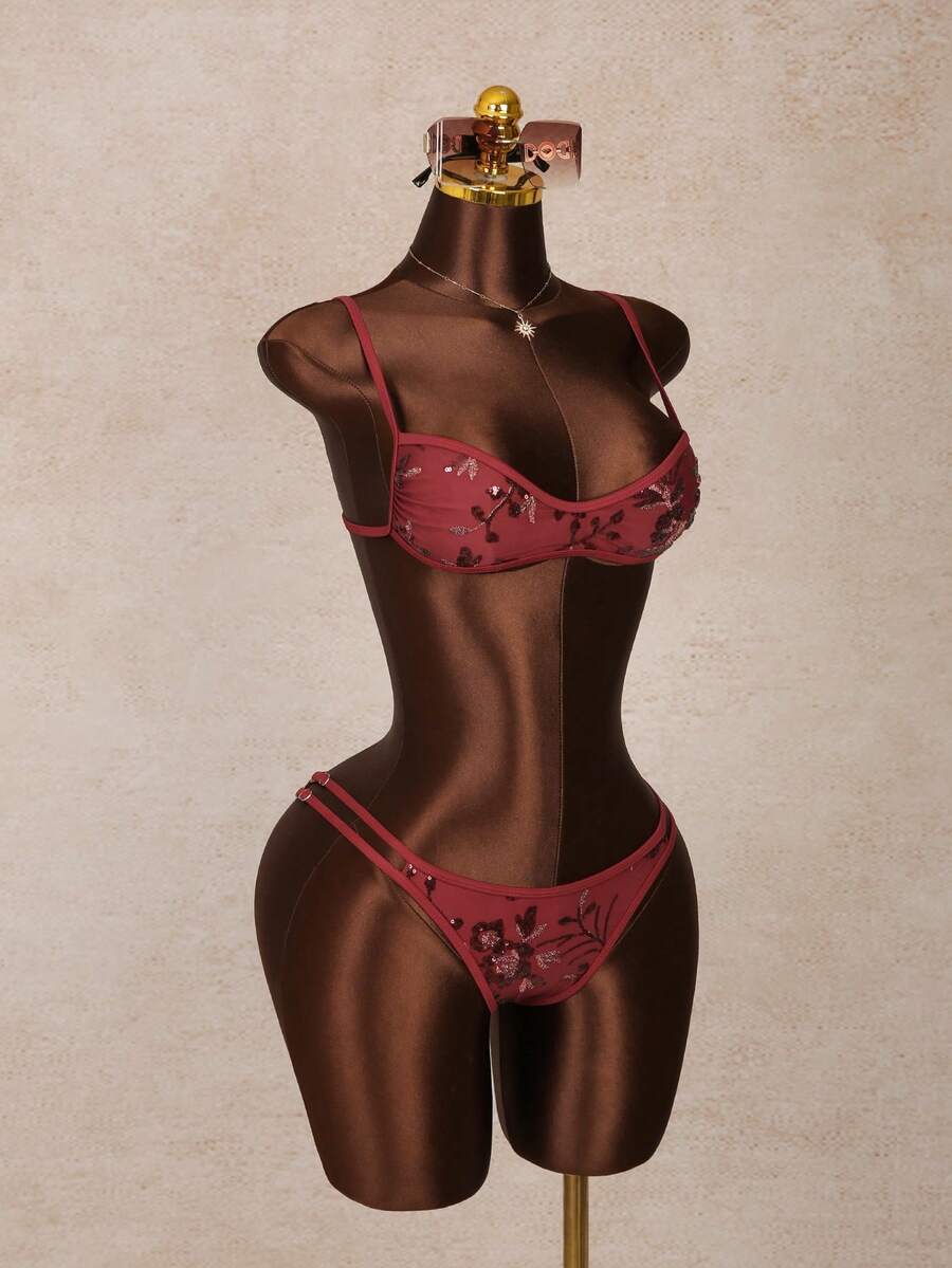 Women's 2-piece micro cup bikini set featuring contrast mesh details, wireless spaghetti strap bra top, and high cut ultra low waist bottoms.