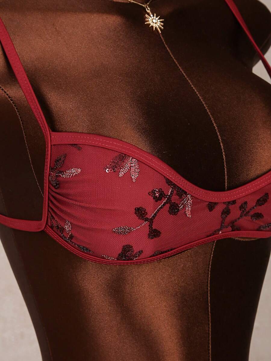 Women's 2-piece micro cup bikini set featuring contrast mesh details, wireless spaghetti strap bra top, and high cut ultra low waist bottoms.