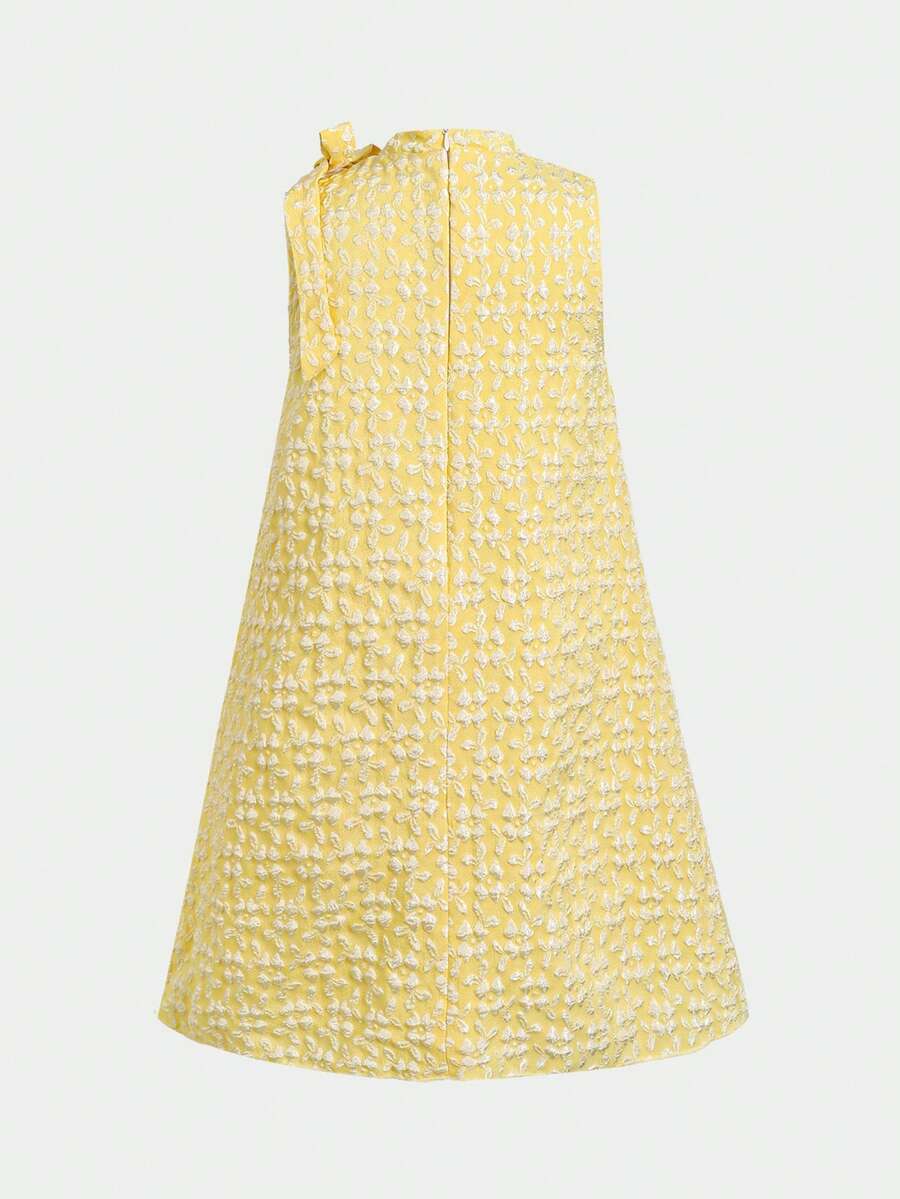 Apricot sleeveless embroidery mesh tunic princess dress for tween girls featuring appliques, stand collar, zipper closure, and short straight hem.