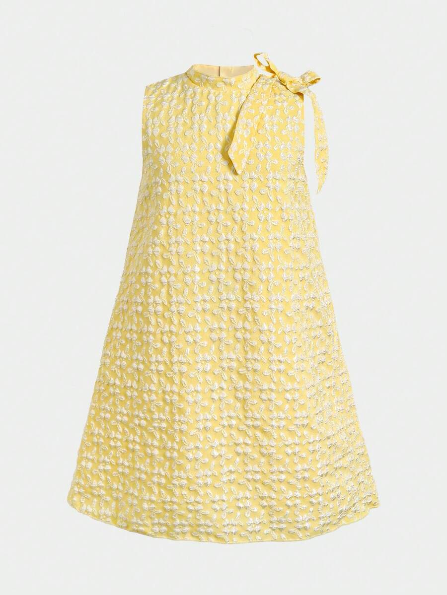 Apricot sleeveless embroidery mesh tunic princess dress for tween girls featuring appliques, stand collar, zipper closure, and short straight hem.