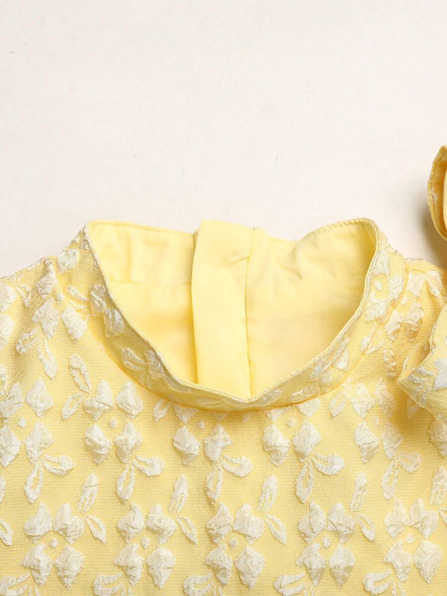 Apricot sleeveless embroidery mesh tunic princess dress for tween girls featuring appliques, stand collar, zipper closure, and short straight hem.