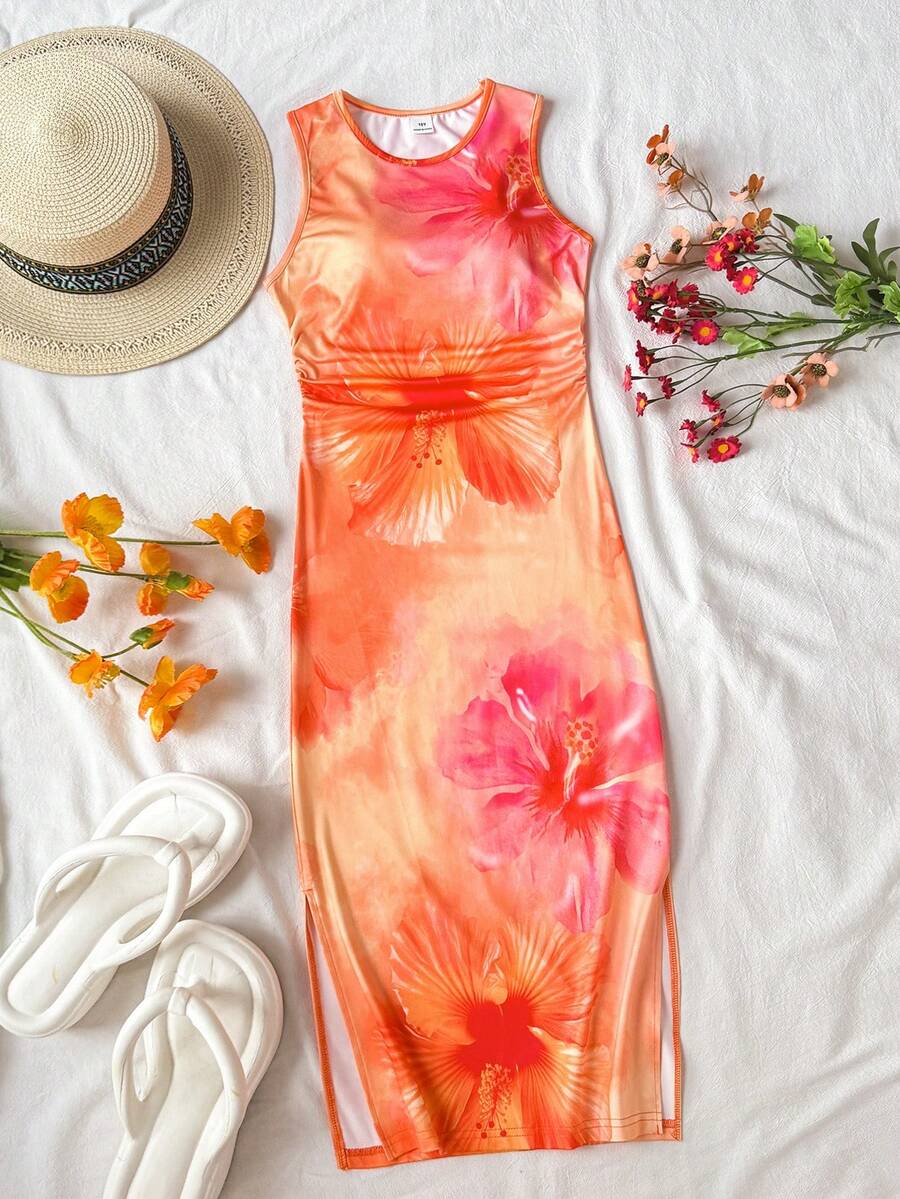 Tween girls sleeveless midi tank dress with round neck, graphic pattern, slim fit waist, slit hem, and apricot color styling for casual and occasion wear.