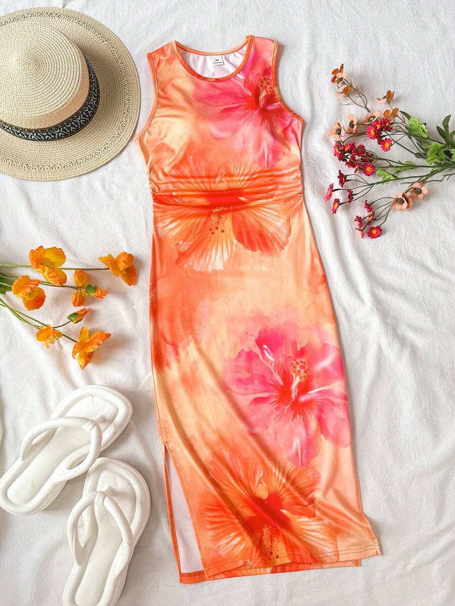 Tween girls sleeveless midi tank dress with round neck, graphic pattern, slim fit waist, slit hem, and apricot color styling for casual and occasion wear.