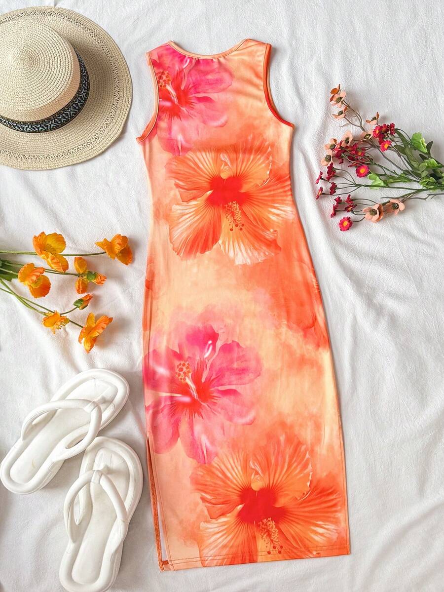 Tween girls sleeveless midi tank dress with round neck, graphic pattern, slim fit waist, slit hem, and apricot color styling for casual and occasion wear.