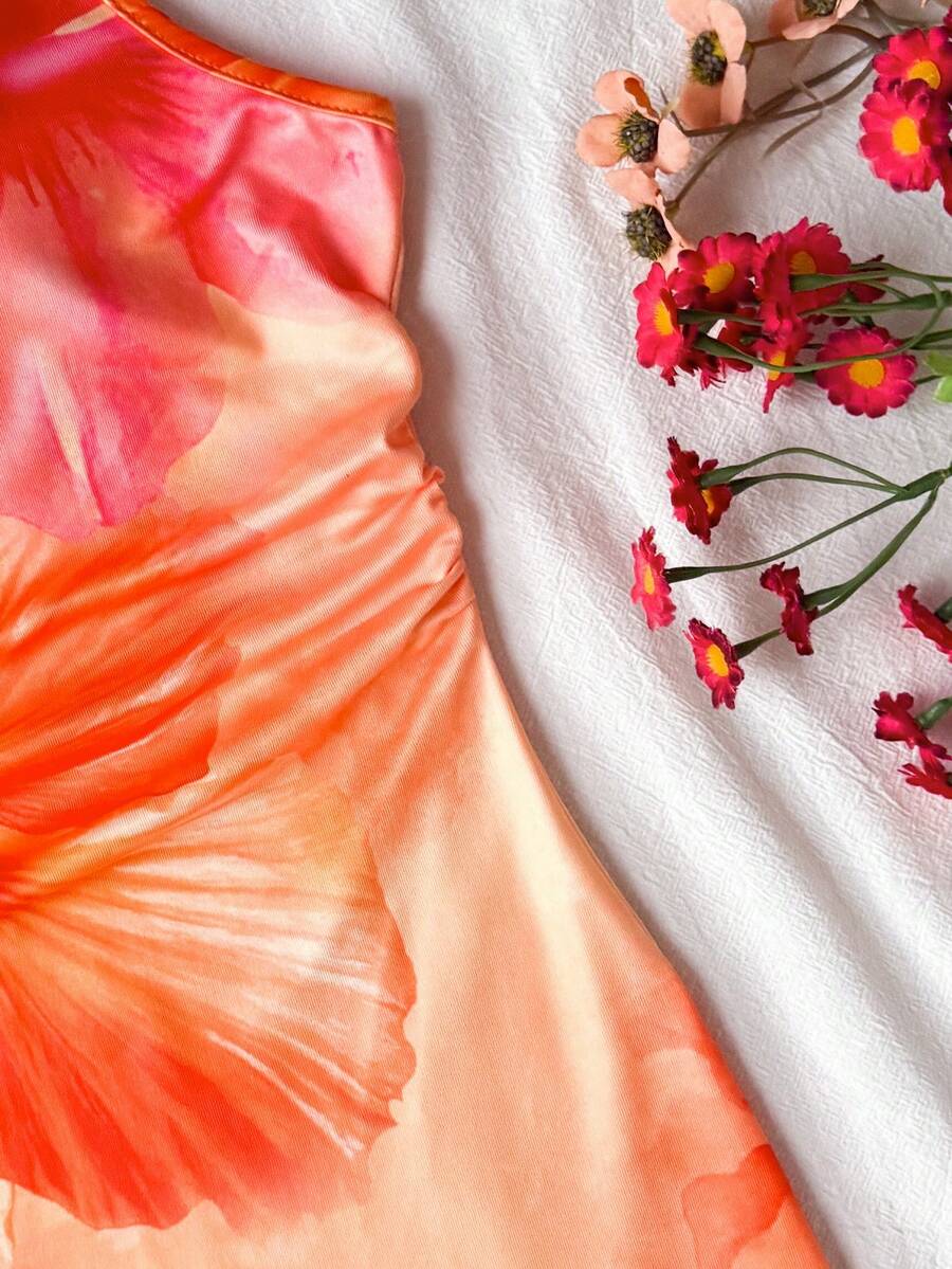 Tween girls sleeveless midi tank dress with round neck, graphic pattern, slim fit waist, slit hem, and apricot color styling for casual and occasion wear.