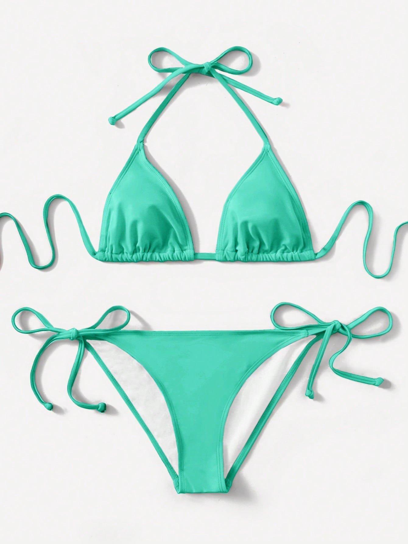 Women's high waist halter tie bikini swimwear set featuring triangle cups, wireless bra with removable padding, and tie side bottoms.