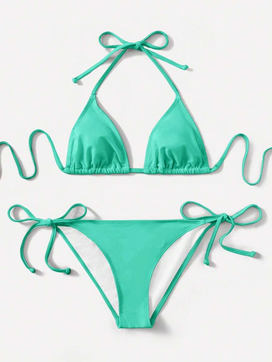 Women's high waist halter tie bikini swimwear set featuring triangle cups, wireless bra with removable padding, and tie side bottoms.