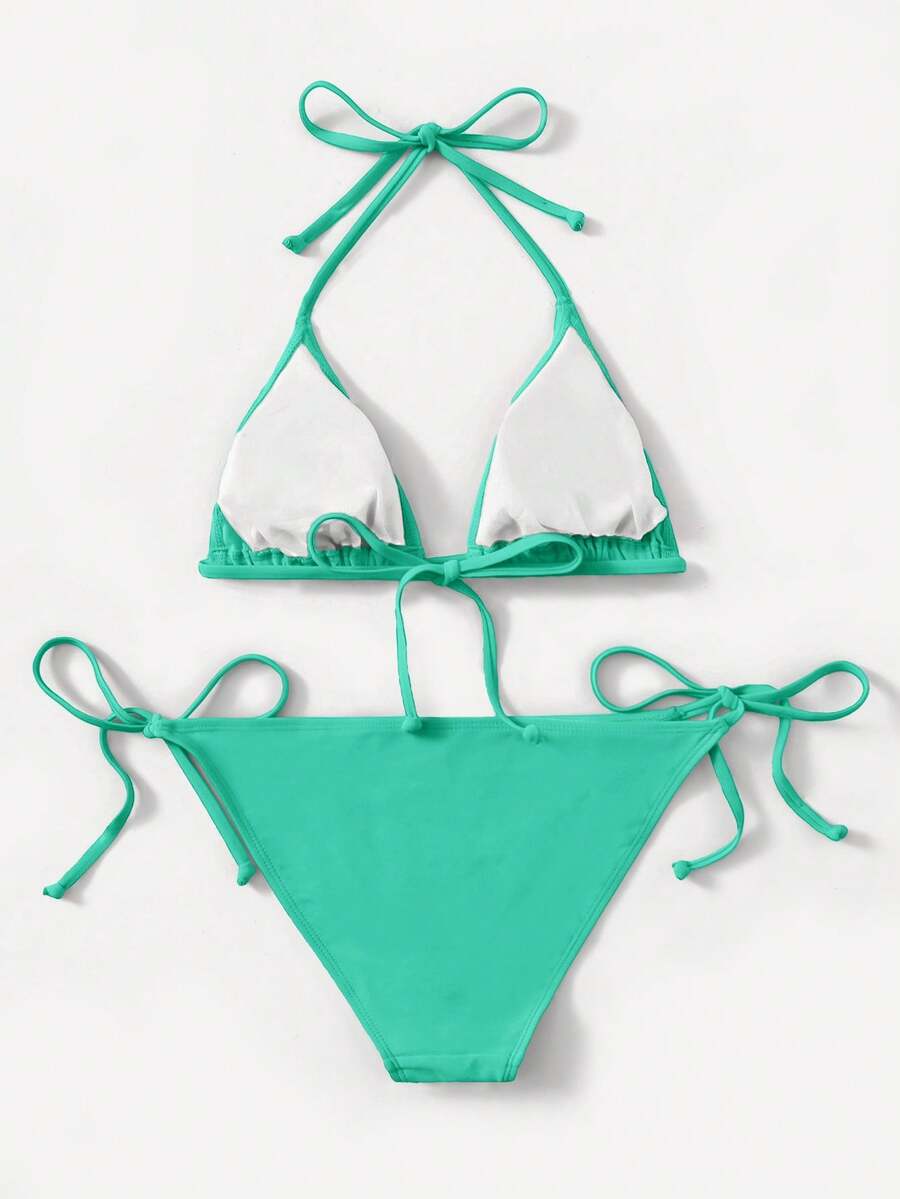 Women's high waist halter tie bikini swimwear set featuring triangle cups, wireless bra with removable padding, and tie side bottoms.