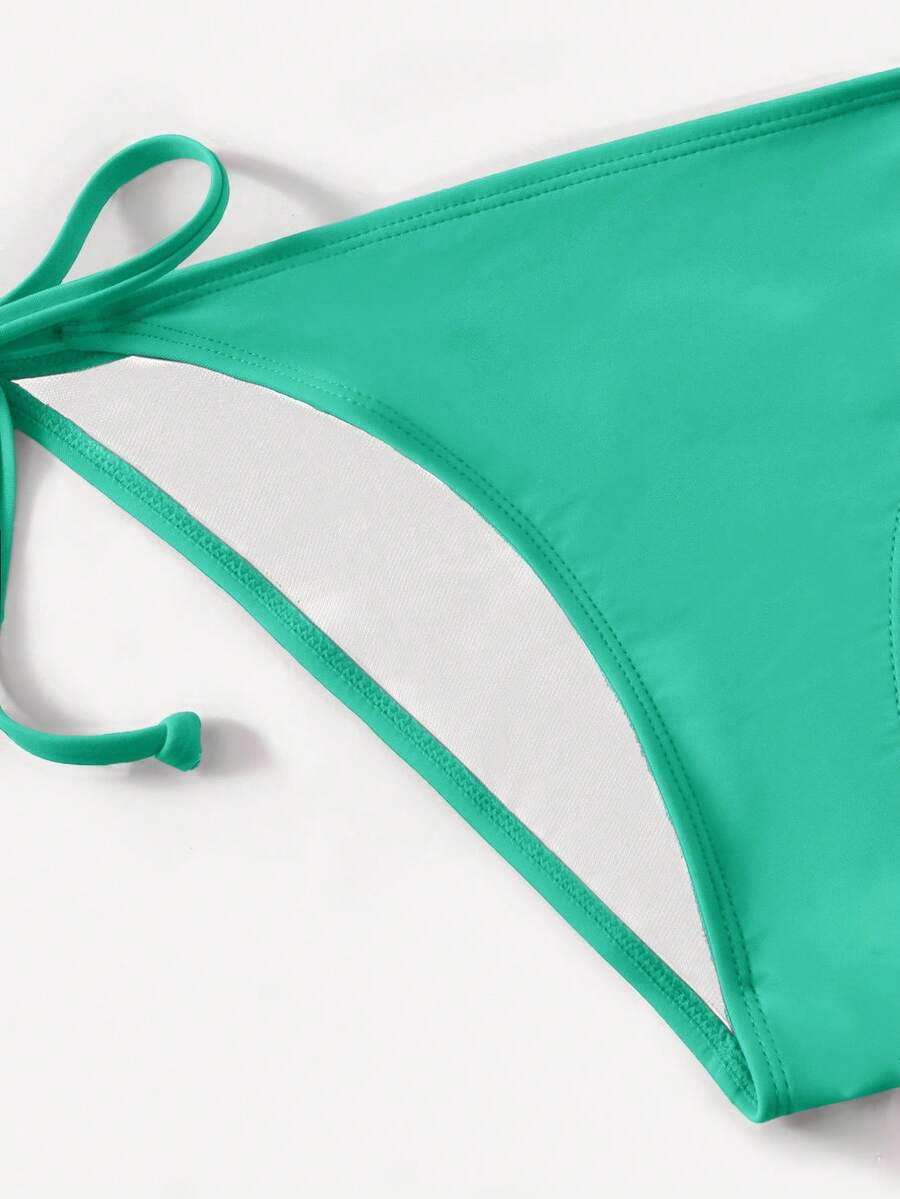 Women's high waist halter tie bikini swimwear set featuring triangle cups, wireless bra with removable padding, and tie side bottoms.